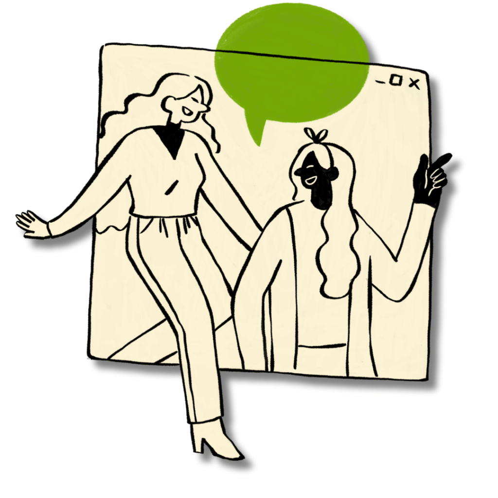 Cartoon of two women talking and walking together.
